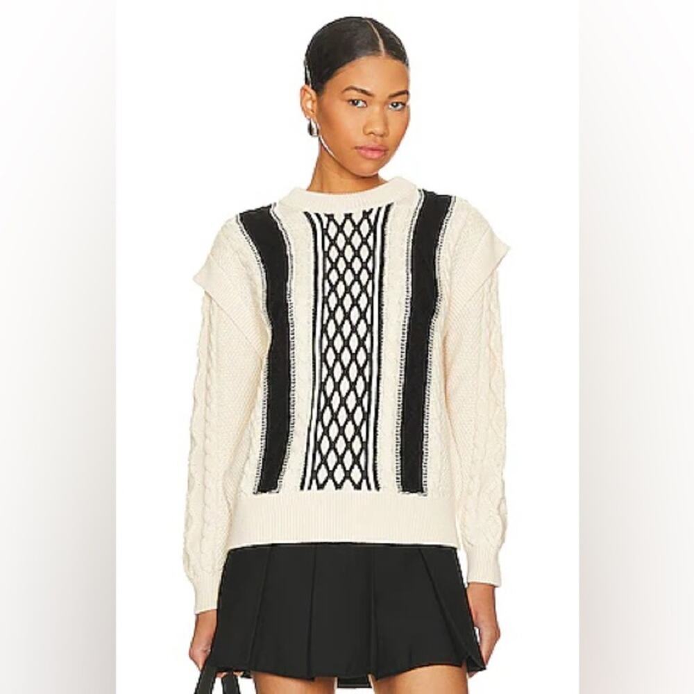 525 America Nia Black Cream Shoulder Trim Cable Knit Pull Over Sweater Preppy -M